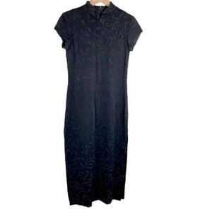 Vintage‎ Huey Waltzer 12 black beaded short sleeve Asian-style maxi dress